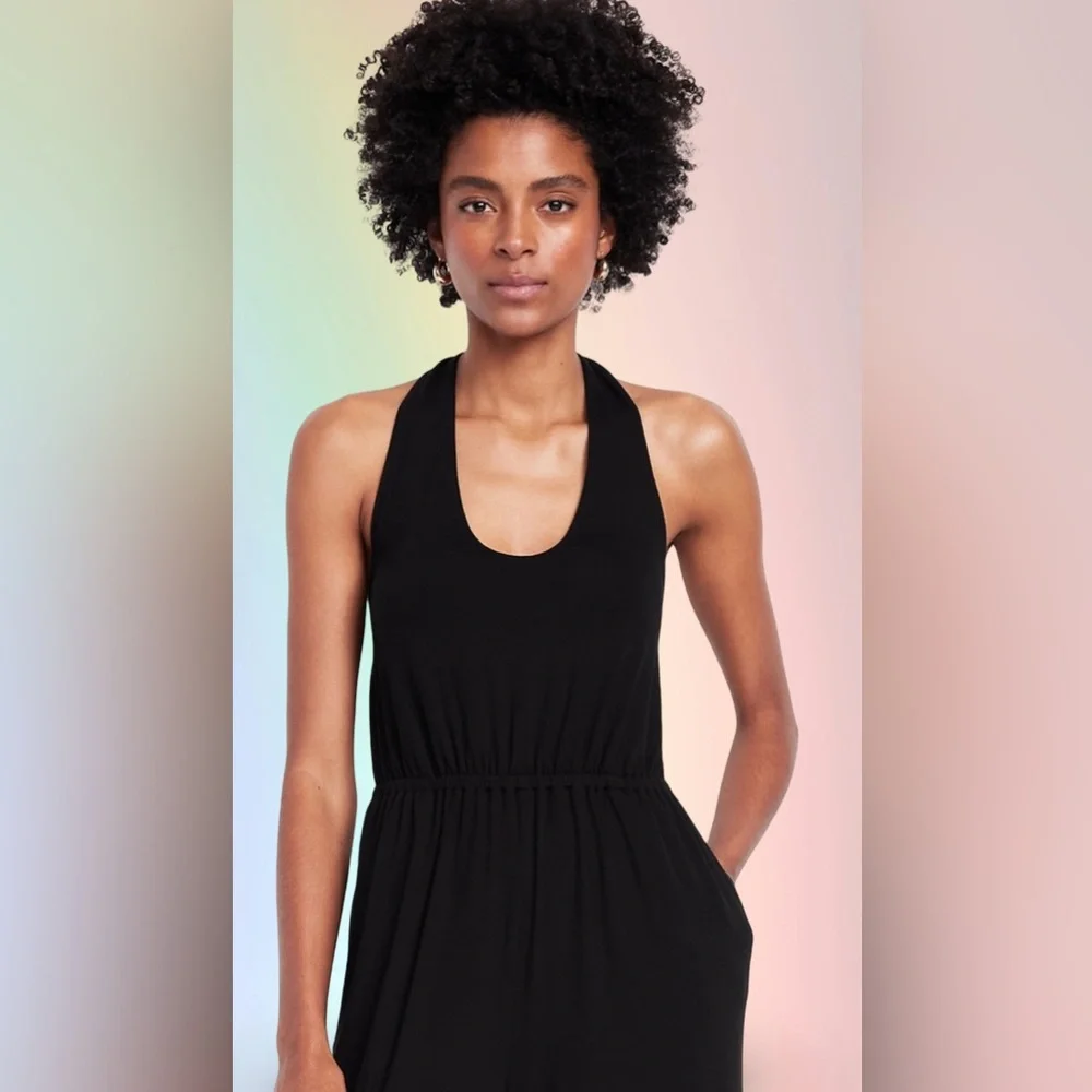 NWTS💓GAP OLD NAVY LG💓BLACK GREEK HALTER STYLE JUMPSUIT ELASTIC WAIST POCKETS - Picture 8 of 14